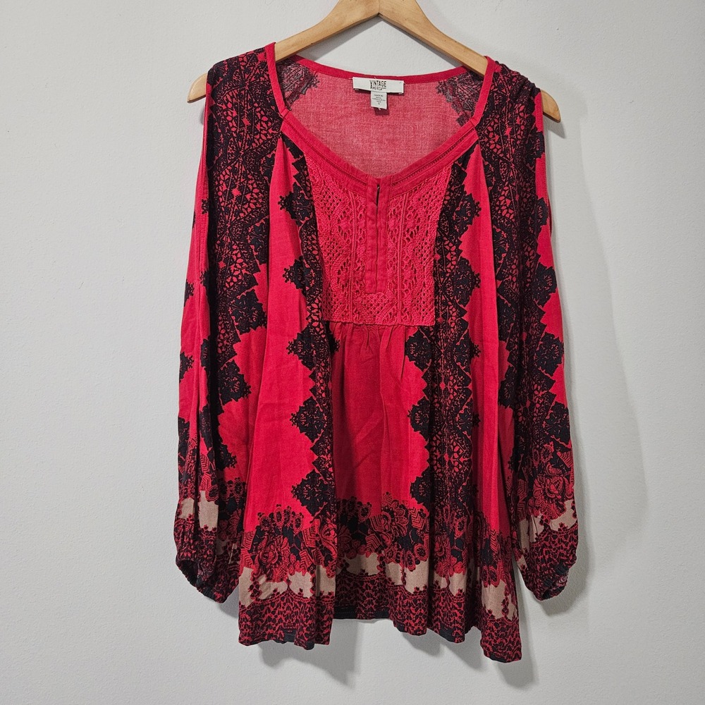 Vintage America Blues Red Black Crochet Lace Cold Shoulderโ Boho Blouse Small